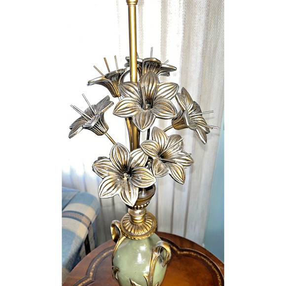 Antique French Victorian Art Deco Set Of 2 Hand Painted Lily Floral Lamps Works - Picture 3 of 16